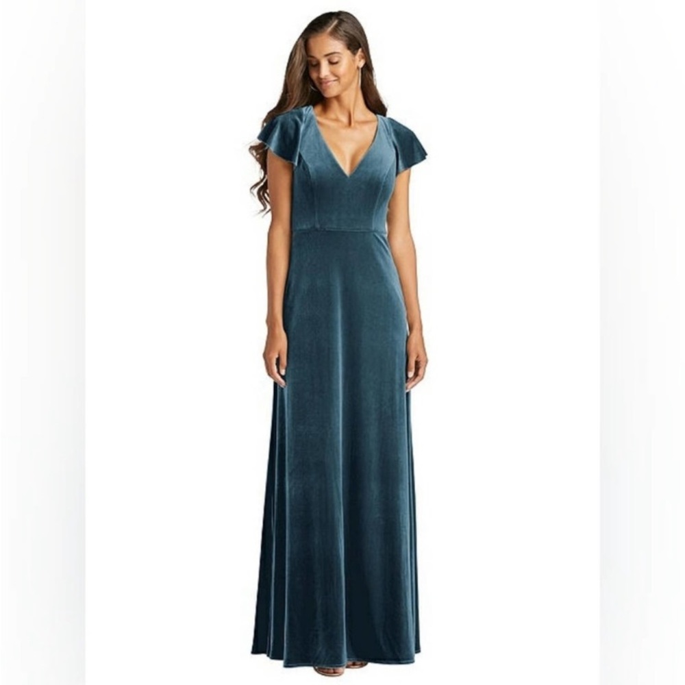Dessy Collection After Six Dutch Blue Flutter Sleeve Velvet Dress Sz 2